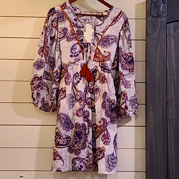 Free People Dresses & Skirts - Free People White Dress with Purple Paisley and Rust Tassels